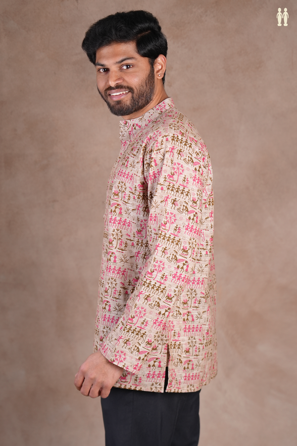 Chinese Collar Warli Design Pastel Brown Cotton Short Kurta
