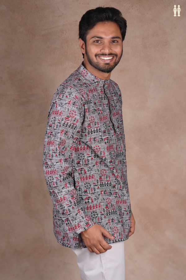 Chinese Collar Warli Design Grey Cotton Short Kurta