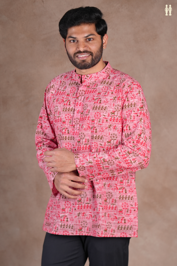 Chinese Collar Warli Design Pink Cotton Short Kurta
