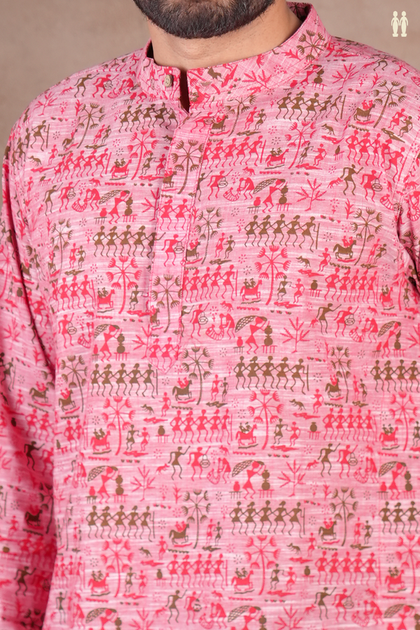 Chinese Collar Warli Design Pink Cotton Short Kurta
