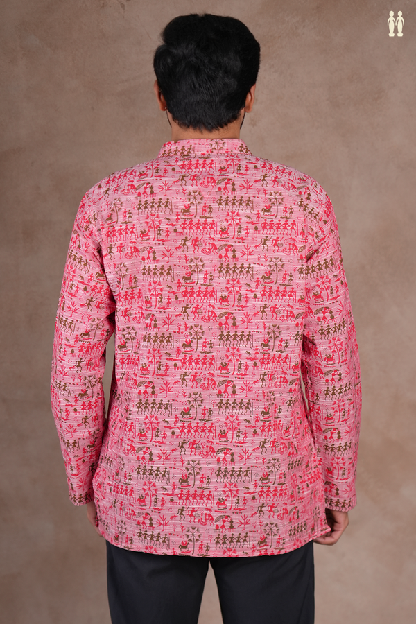 Chinese Collar Warli Design Pink Cotton Short Kurta