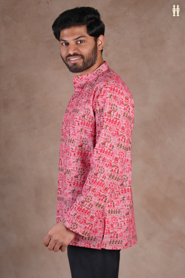 Chinese Collar Warli Design Pink Cotton Short Kurta