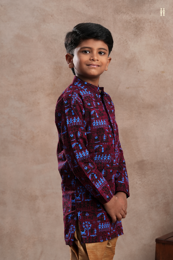 Chinese Collar Warli Printed Burgundy Red Cotton Kurta