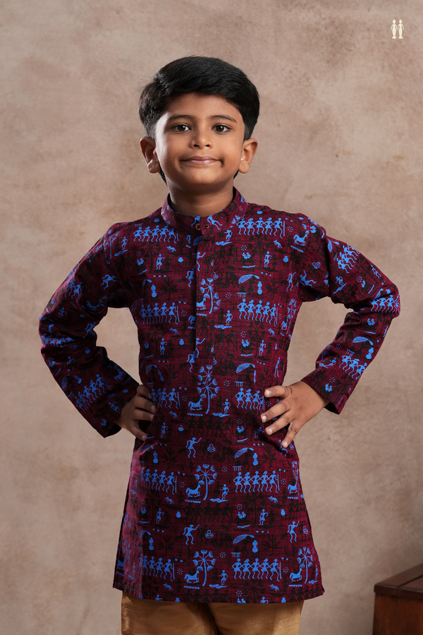 Chinese Collar Warli Printed Burgundy Red Cotton Kurta