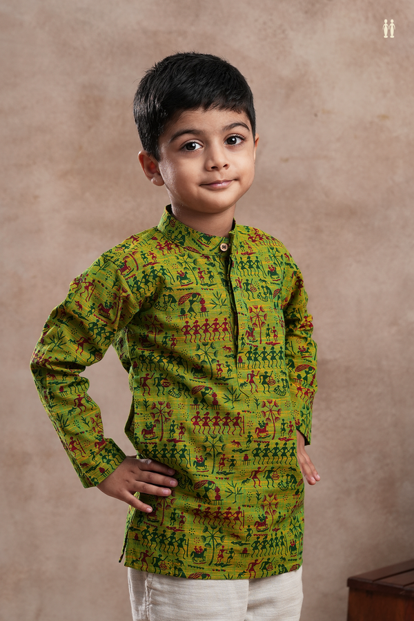 Chinese Collar Warli Printed Lime Green Cotton Kurta