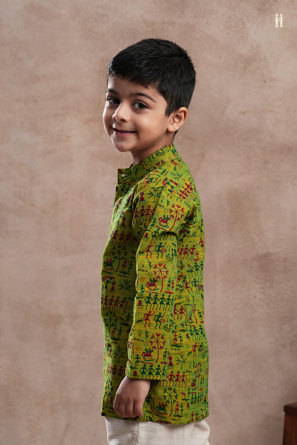 Chinese Collar Warli Printed Lime Green Cotton Kurta