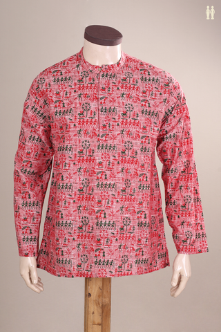 Chinese Collar Warli Printed Pastel Red Cotton Short Kurta