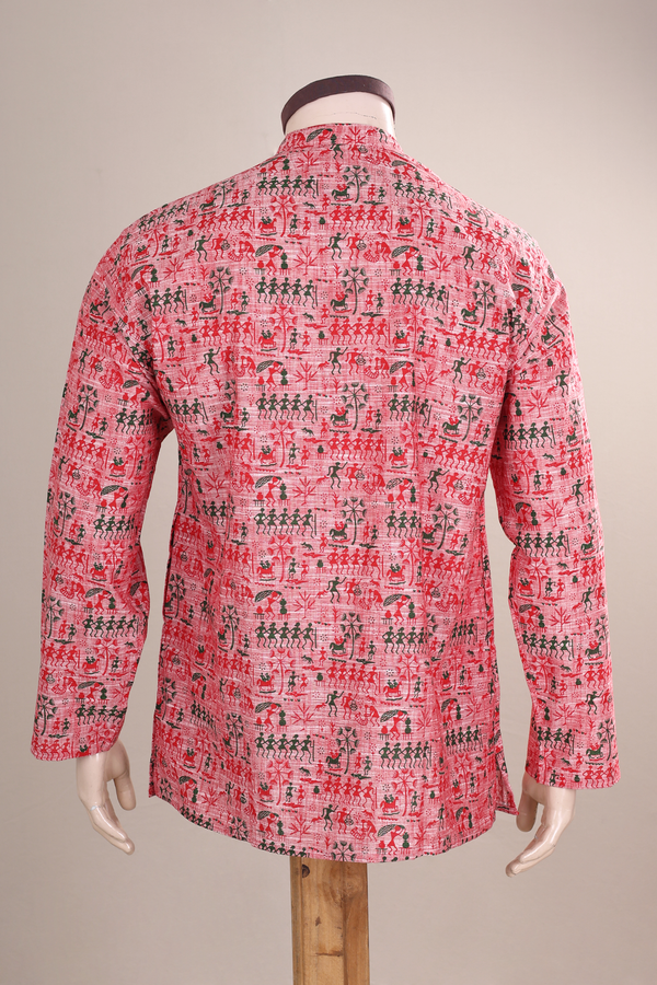 Chinese Collar Warli Printed Pastel Red Cotton Short Kurta