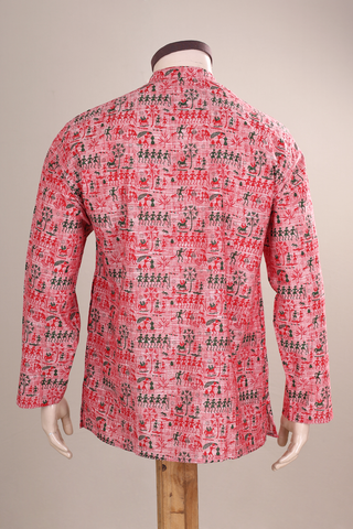 Chinese Collar Warli Printed Pastel Red Cotton Short Kurta