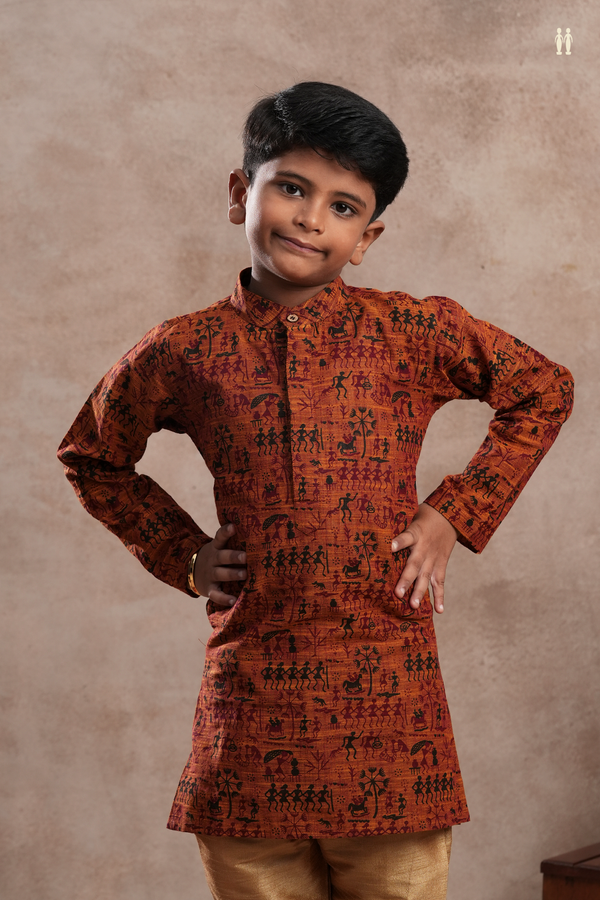 Chinese Collar Warli Printed Saddle Brown Cotton Kurta
