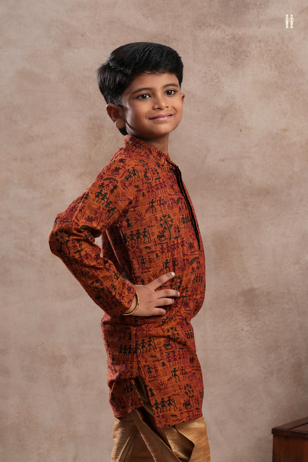 Chinese Collar Warli Printed Saddle Brown Cotton Kurta