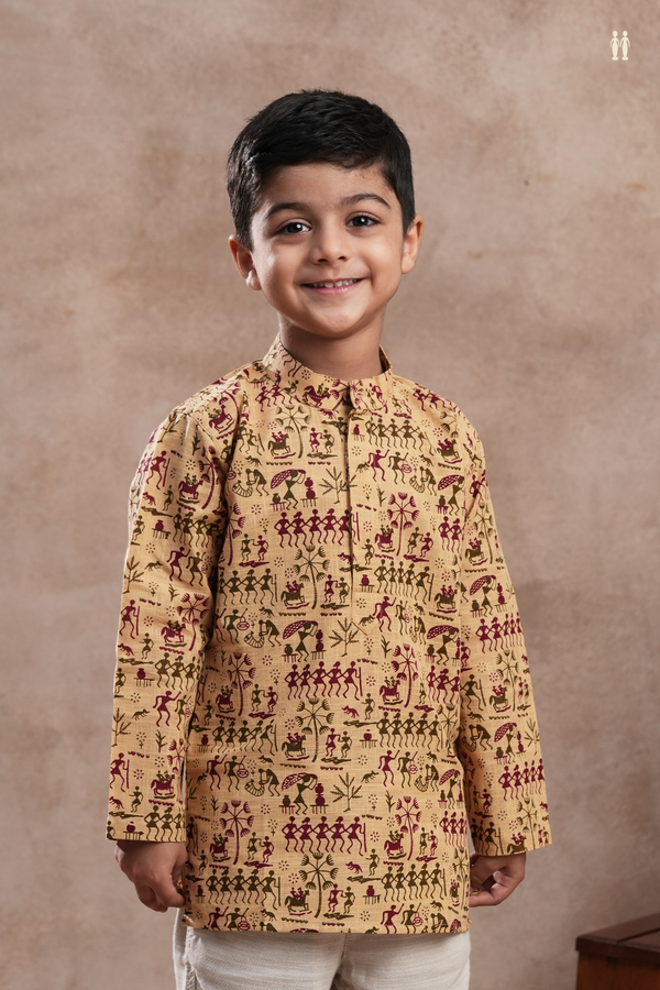 Chinese Collar Warli Printed Yellowish Beige Cotton Kurta