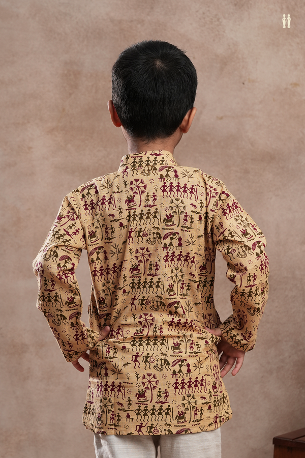 Chinese Collar Warli Printed Yellowish Beige Cotton Kurta