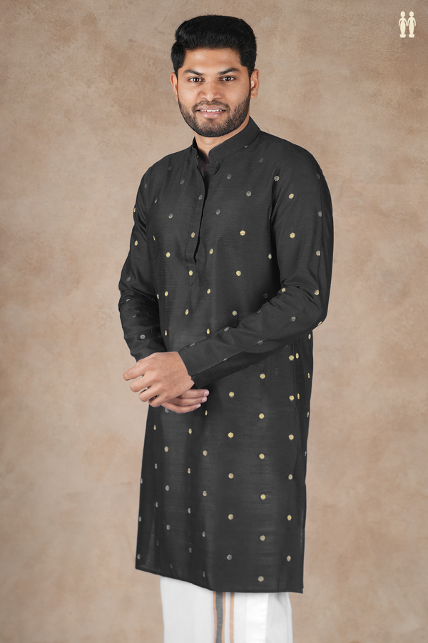Chinese Collar Zari Buttas Black Raw Silk Long Kurta