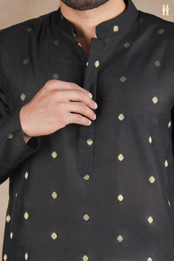 Chinese Collar Zari Buttas Black Raw Silk Long Kurta
