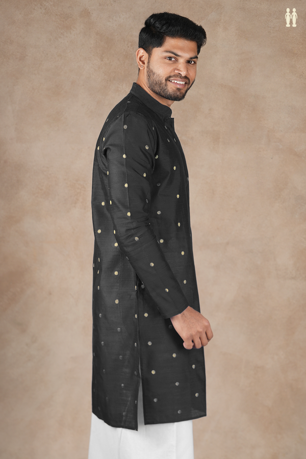 Chinese Collar Zari Buttas Black Raw Silk Long Kurta