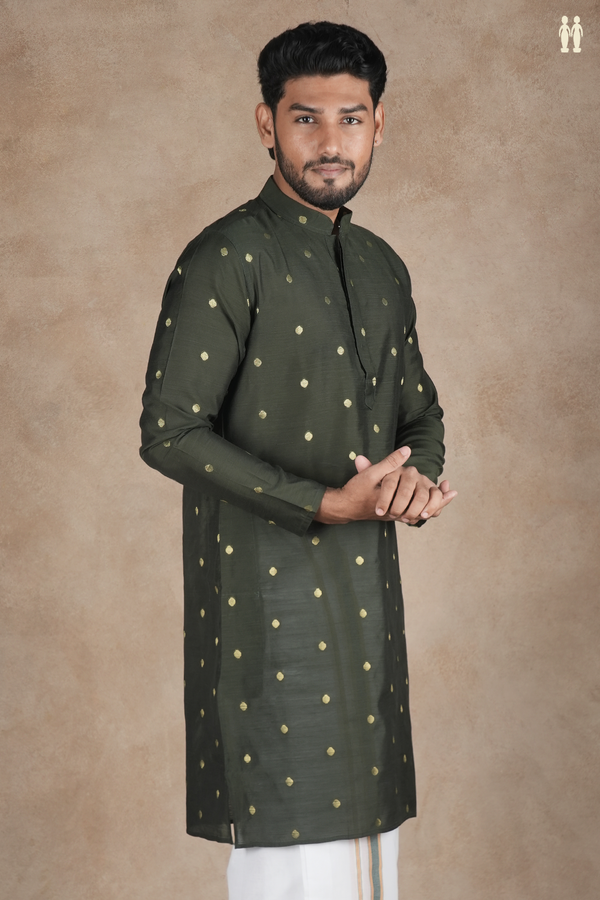 Chinese Collar Zari Buttas Dark Green Raw Silk Long Kurta