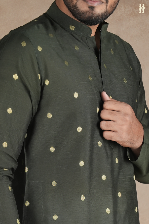 Chinese Collar Zari Buttas Dark Green Raw Silk Long Kurta