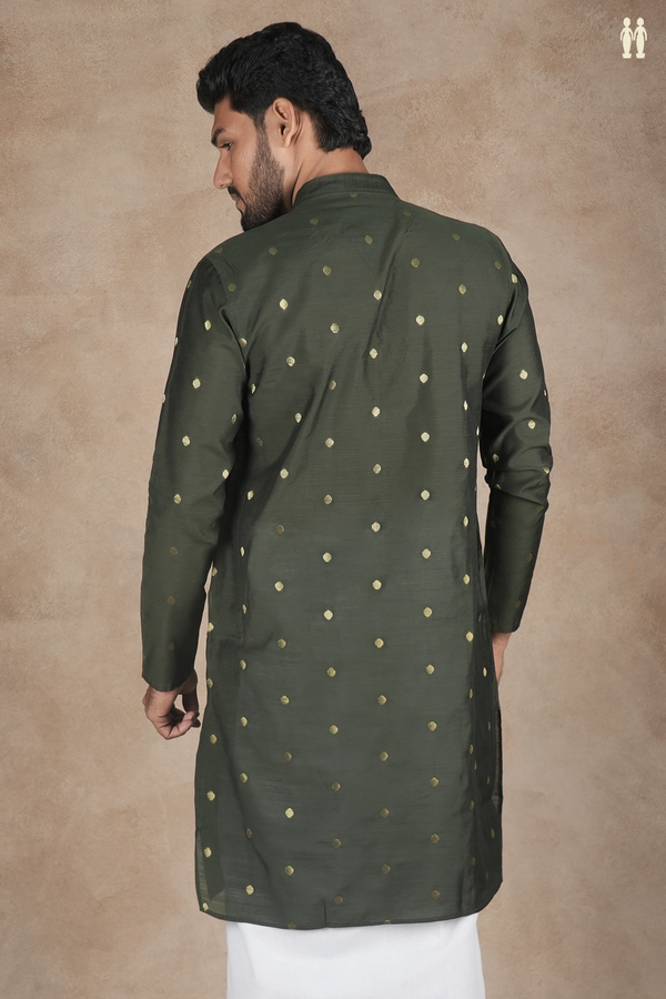 Chinese Collar Zari Buttas Dark Green Raw Silk Long Kurta