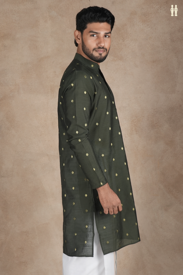 Chinese Collar Zari Buttas Dark Green Raw Silk Long Kurta