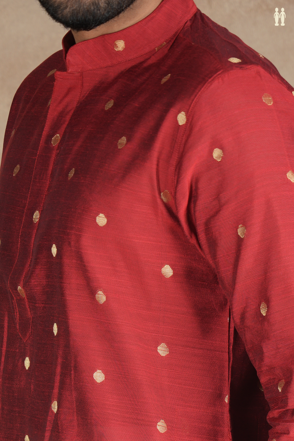Chinese Collar Zari Buttas Rust Red Raw Silk Long Kurta