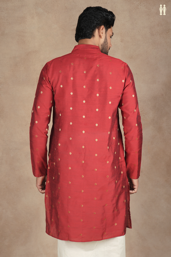 Chinese Collar Zari Buttas Rust Red Raw Silk Long Kurta