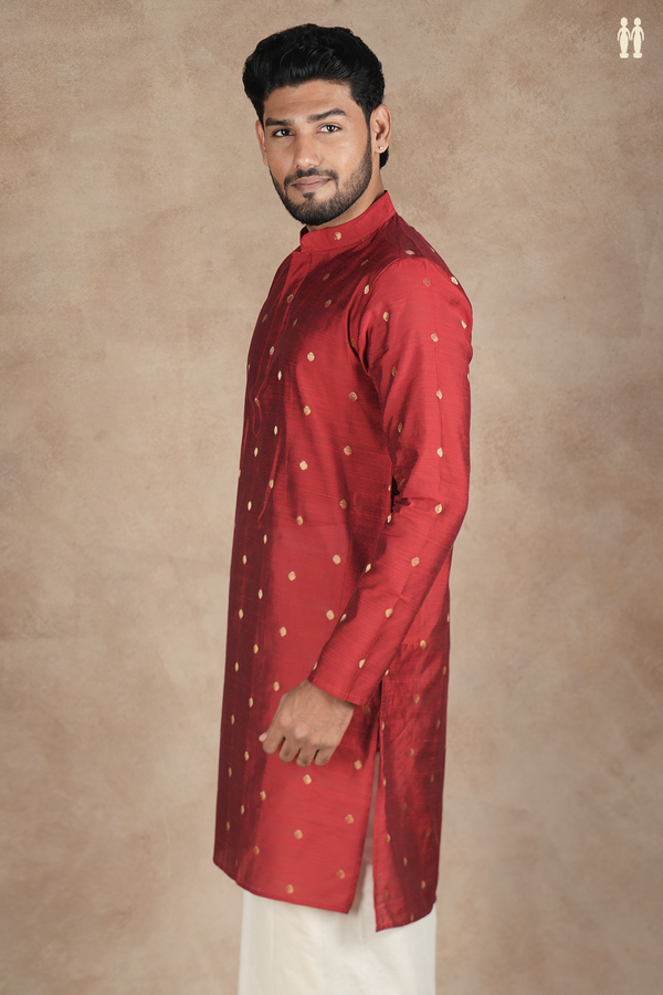 Chinese Collar Zari Buttas Rust Red Raw Silk Long Kurta