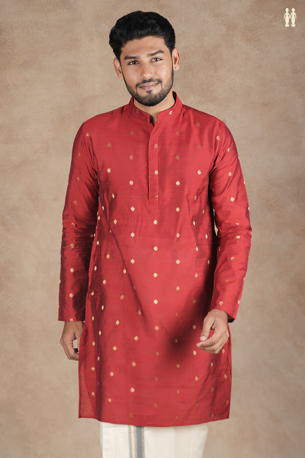 Chinese Collar Zari Buttas Rust Red Raw Silk Long Kurta