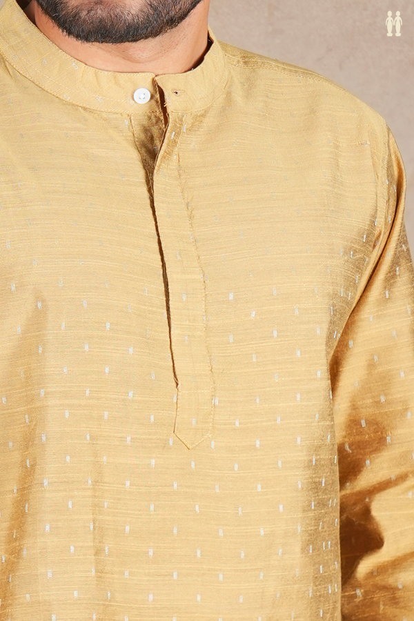 Chinese Collar Zari Buttis Brown Raw Silk Short Kurta