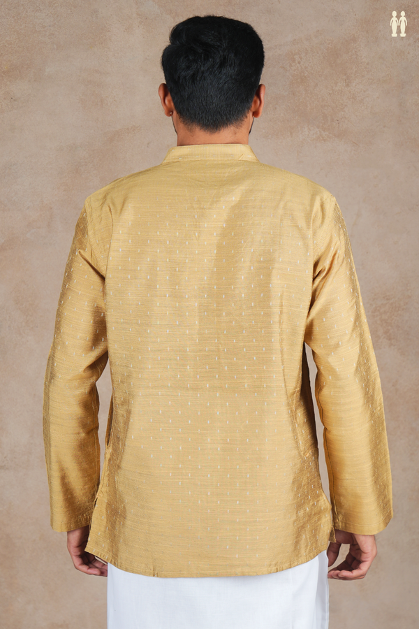 Chinese Collar Zari Buttis Brown Raw Silk Short Kurta
