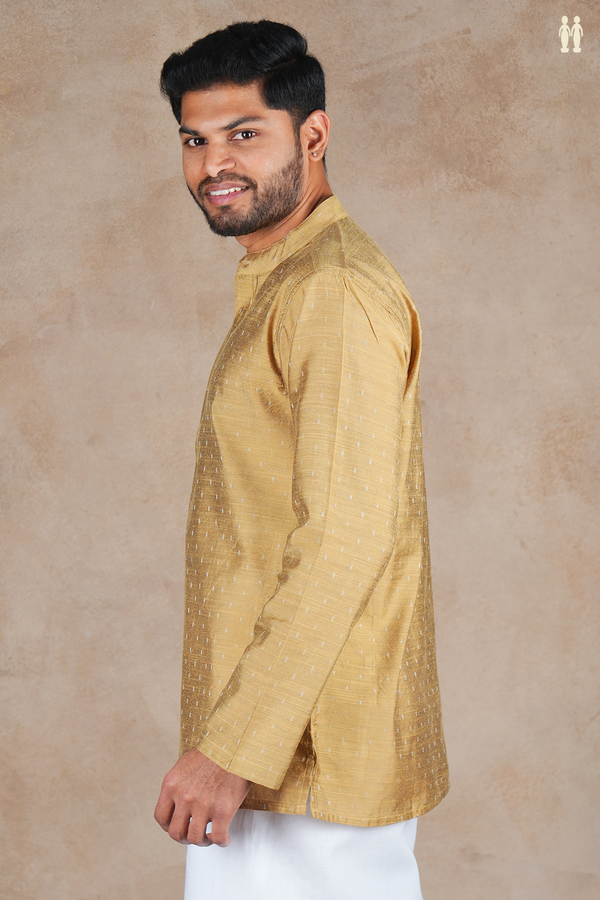 Chinese Collar Zari Buttis Brown Raw Silk Short Kurta