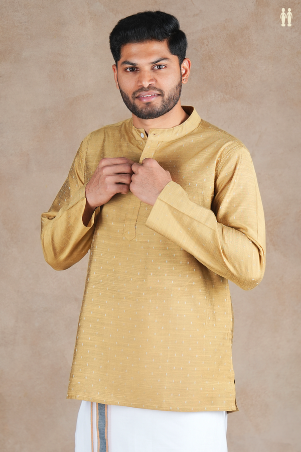 Chinese Collar Zari Buttis Brown Raw Silk Short Kurta