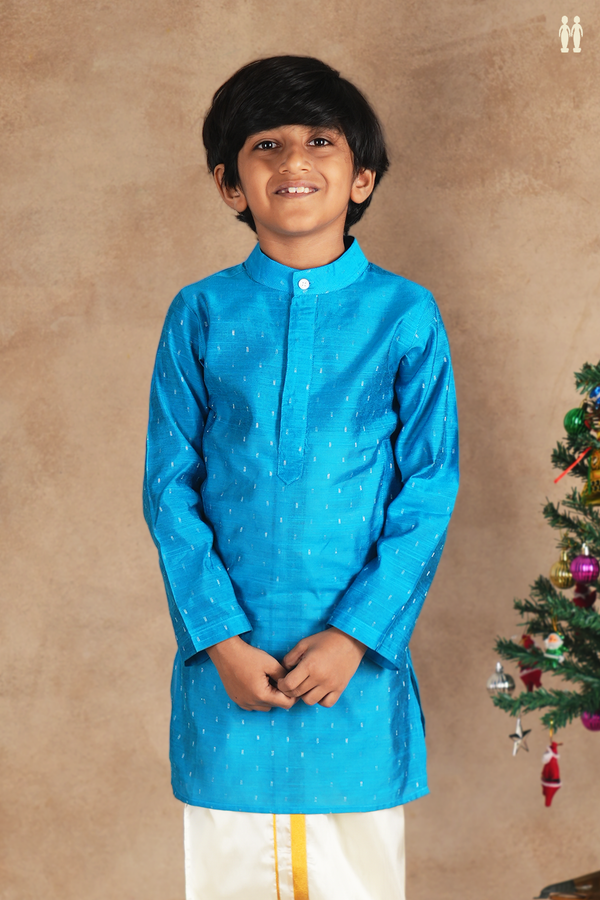 Chinese Collar Zari Buttis Deep Sky Blue Raw Silk Long Kurta