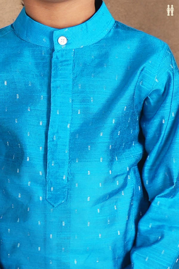 Chinese Collar Zari Buttis Deep Sky Blue Raw Silk Long Kurta