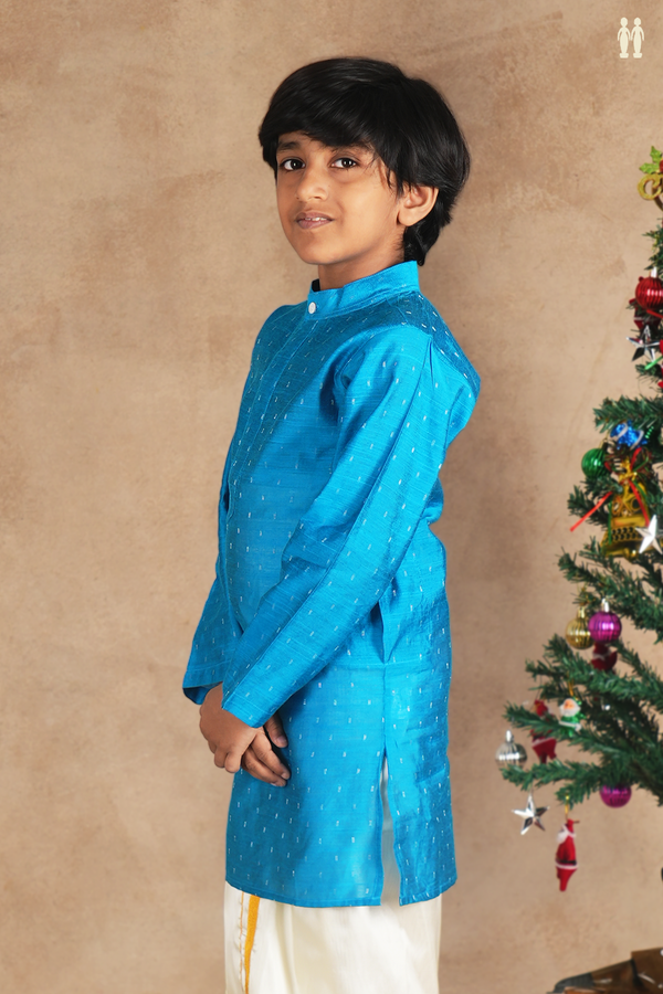 Chinese Collar Zari Buttis Deep Sky Blue Raw Silk Long Kurta