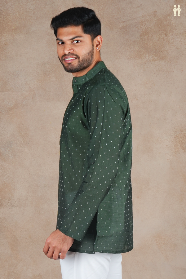 Chinese Collar Zari Buttis Green Raw Silk Short Kurta