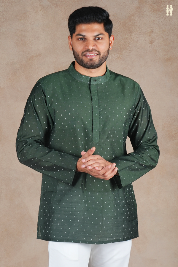 Chinese Collar Zari Buttis Green Raw Silk Short Kurta