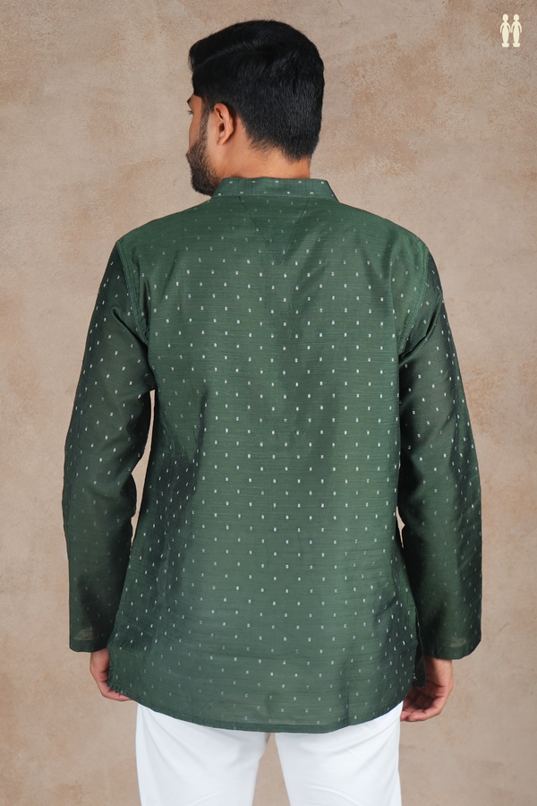 Chinese Collar Zari Buttis Green Raw Silk Short Kurta