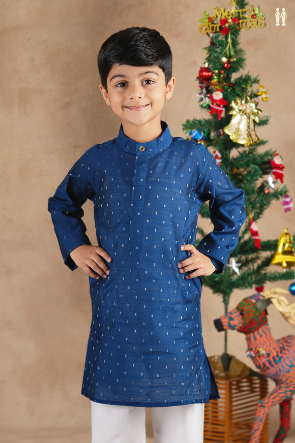 Chinese Collar Zari Buttis Navy Blue Raw Silk Long Kurta