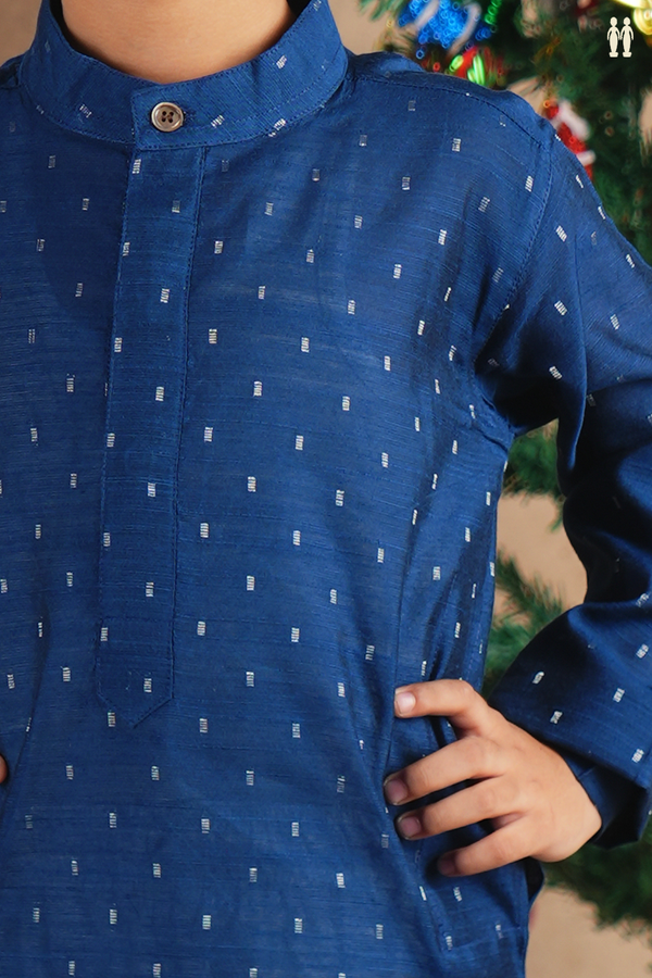 Chinese Collar Zari Buttis Navy Blue Raw Silk Long Kurta