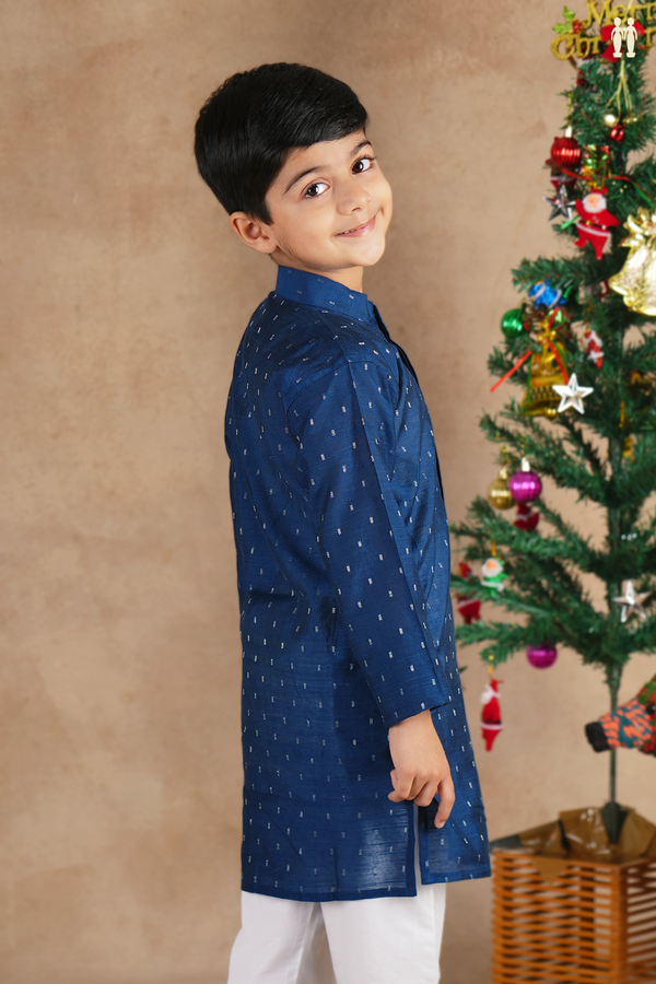 Chinese Collar Zari Buttis Navy Blue Raw Silk Long Kurta
