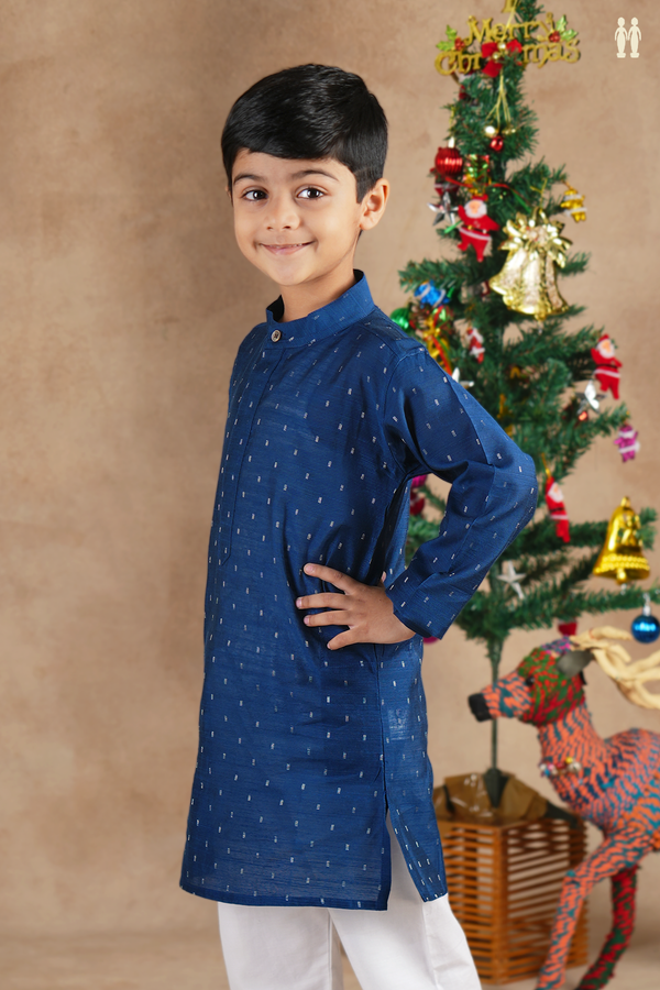 Chinese Collar Zari Buttis Navy Blue Raw Silk Long Kurta