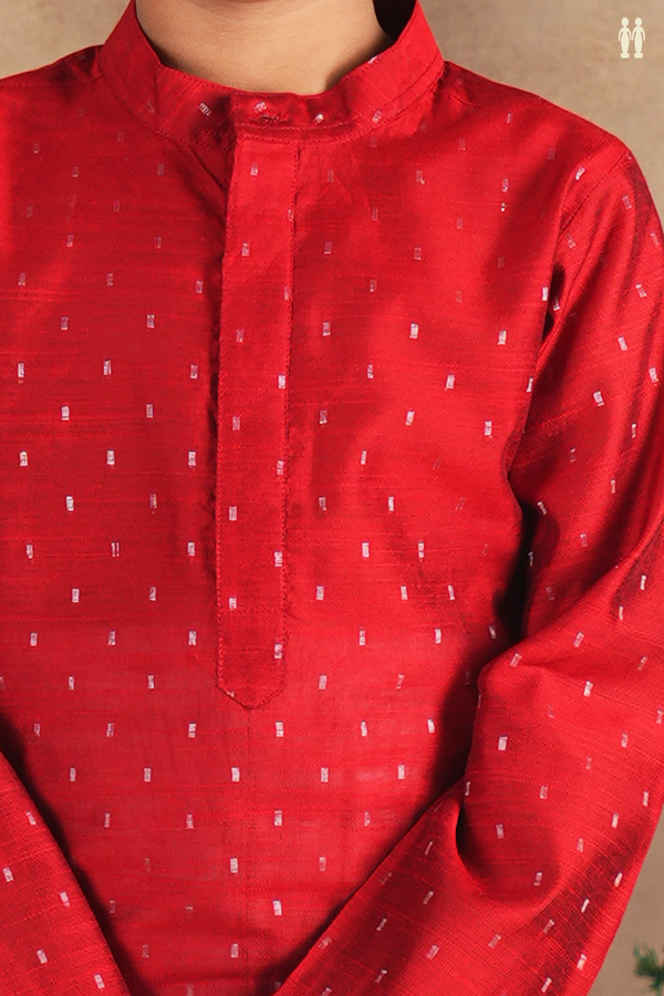 Chinese Collar Zari Buttis Red Raw Silk Long Kurta