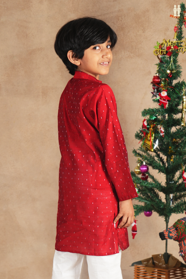 Chinese Collar Zari Buttis Red Raw Silk Long Kurta