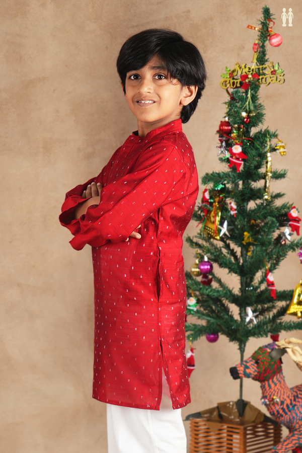 Chinese Collar Zari Buttis Red Raw Silk Long Kurta