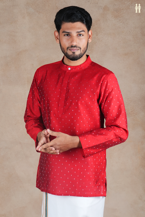 Chinese Collar Zari Buttis Scarlet Red Raw Silk Short Kurta