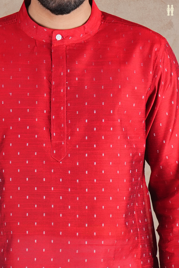 Chinese Collar Zari Buttis Scarlet Red Raw Silk Short Kurta