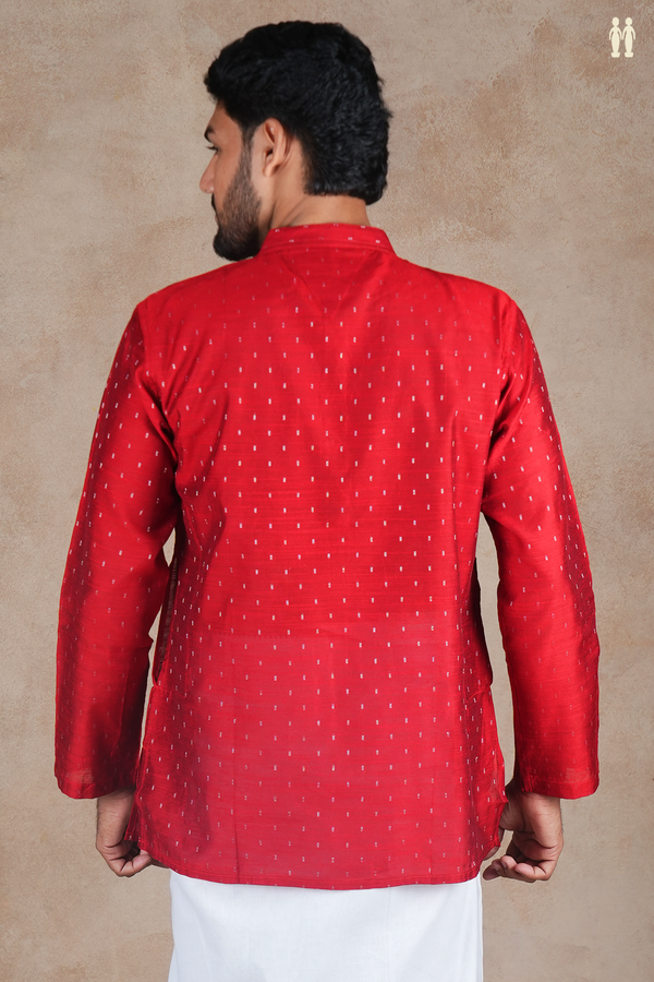 Chinese Collar Zari Buttis Scarlet Red Raw Silk Short Kurta