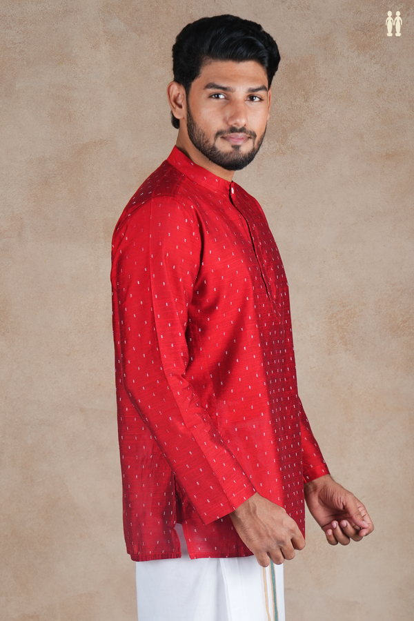 Chinese Collar Zari Buttis Scarlet Red Raw Silk Short Kurta