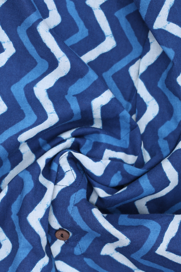 Chinese Neck Chevron Design Shades Of Blue Cotton Short Top
